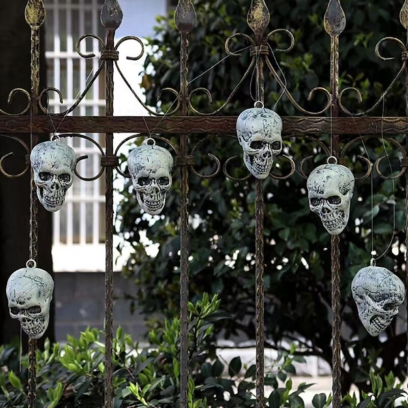 6PCS Halloween Realistic Skull Heads, Life-Like Human Skull Props for Haunted House, Yard, Spooky Decorations, Skeleton Head Ornaments and Hanging Ghost Accessories2