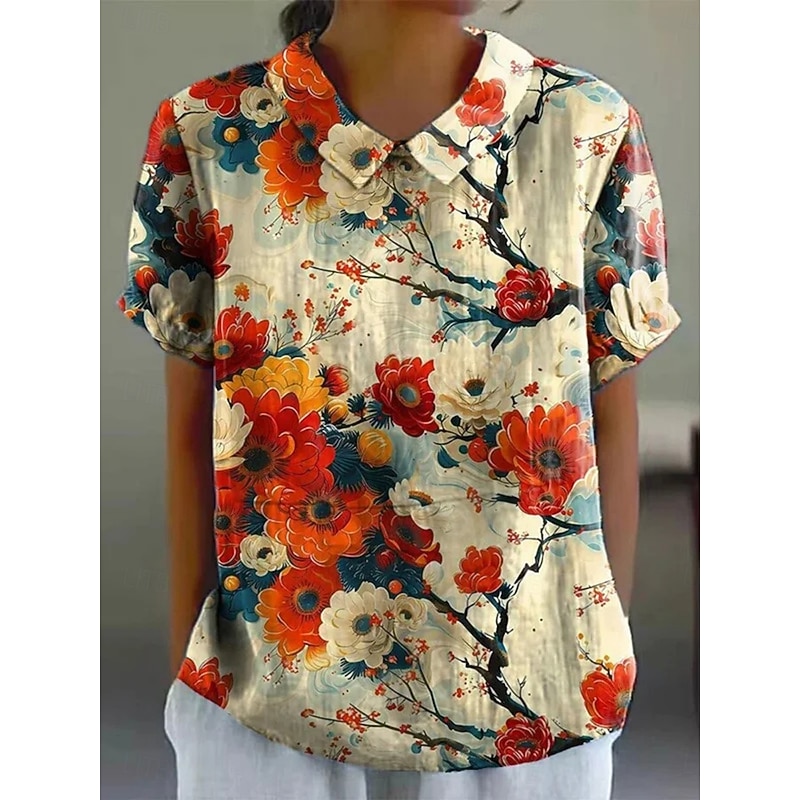 Women's Shirt Floral Daily Casual Short Sleeve Shirt Collar Regular Tops Daily Holiday Buttons Print Red Purple Summer Spring