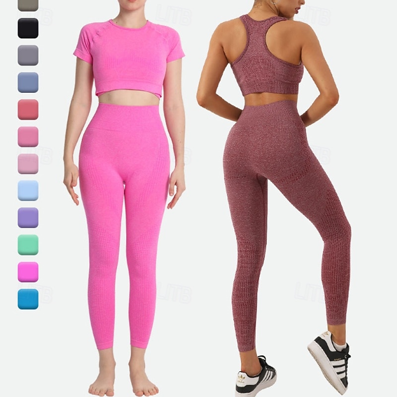 Women's Yoga Sweatsuit Lounge Outfits  Sports Bra Seamless Leggings Solid Color Clothing Suit Dark Grey Lake Blue Gym Workout High Waist Stretchy Breathable Short Sleeve Sport Activewear Slim