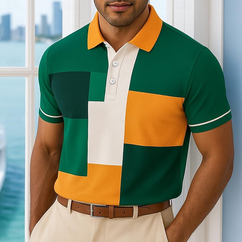 Men's Polo Casual Turndown Short Sleeve Geometric 3D Buttons Summer Spring Regular Fit Green Polo