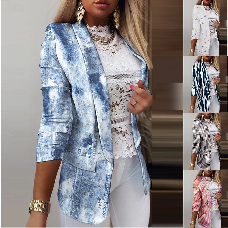 Women's Blazer Comfortable Breathable Print Casual Floral Formal Office Street Casual Open Front Regular Turndown Regular Fit Long Sleeve Outerwear Black White Pink Summer Spring