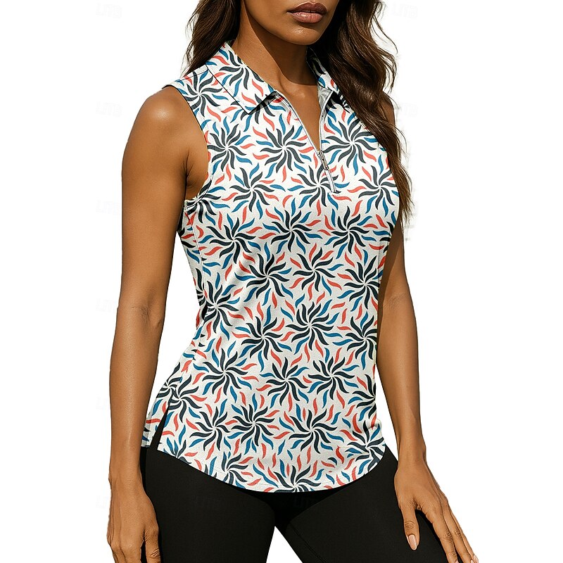 Women's Floral Tops Sport Shirt Golf Polo Shirt Tennis Shirt Sleeveless Zipper Floral UPF50+ UV Resistant High Elasticity Moisture Wicking Breathable Tennis Golf Pickleball Turndown Zip Collar Shirt