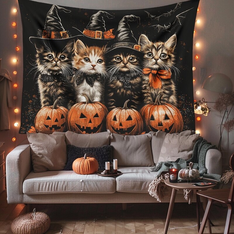 Halloween Hanging Tapestry Witch Cat Photograph Backdrop Jack O Lantern Wall Art Large Tapestry Mural Decor Blanket Curtain Home Bedroom Living Room Decoration Death Selfie3
