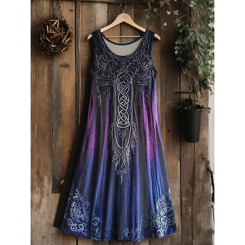 Women's Vintage Viking Celtic Knot  Gradient Art Midi Dress Sundress A Line Dress Vacation Casual Boho  Going out Floral Graphic Leaf Sleeveless U Neck