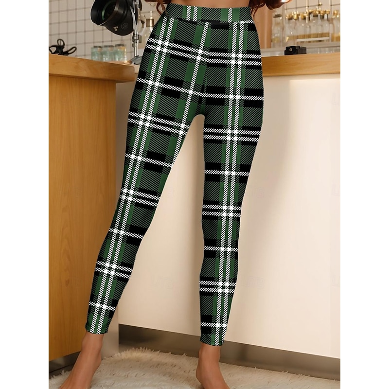 Women's Leggings Vacation Vintage Fashion Ankle-Length High Waist Graphic Geometric Plaid Checkered Printing Soft Breathable Stretchy Outdoor Daily Depression Green Black and White Yellow Spring Fall