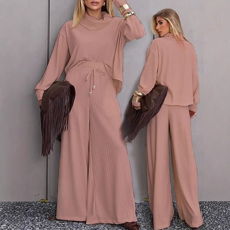 Women's Elegant Vintage Fashion Pants Sets Bolero Top Long Sleeve Turtleneck Solid Color Casual Daily Date Rose Gold White Champagne Fall Loose Fit4