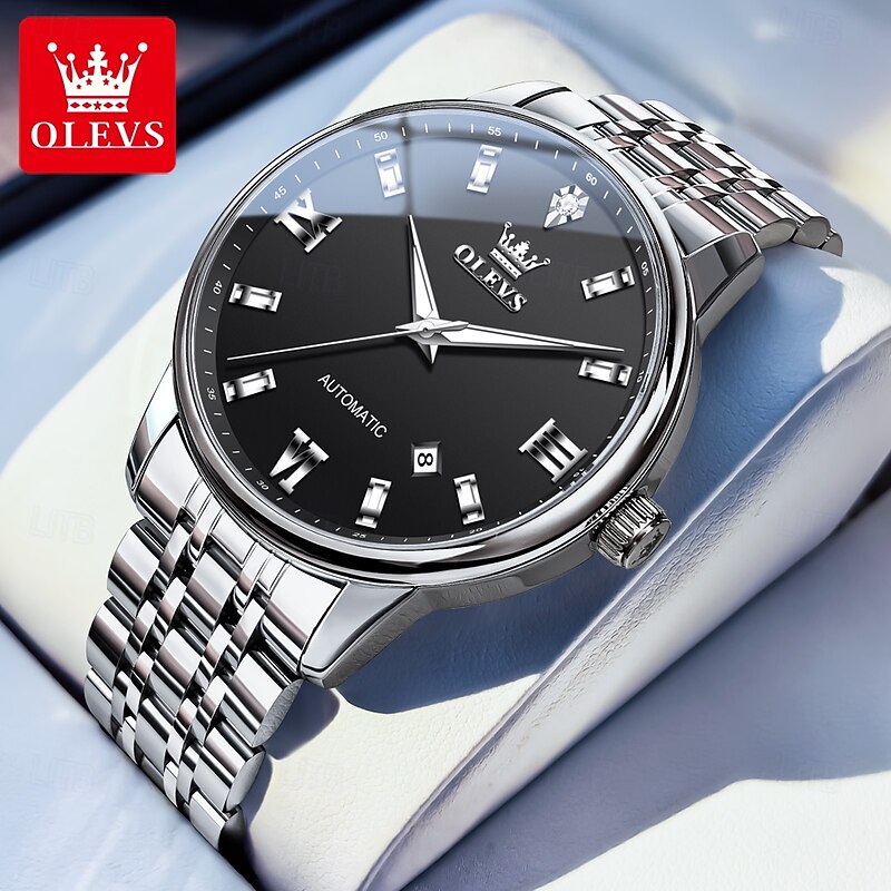 OLEVS Men Mechanical Watch Minimalist Fashion Business Wristwatch Automatic Self-winding Luminous Calendar Waterproof Steel Watch