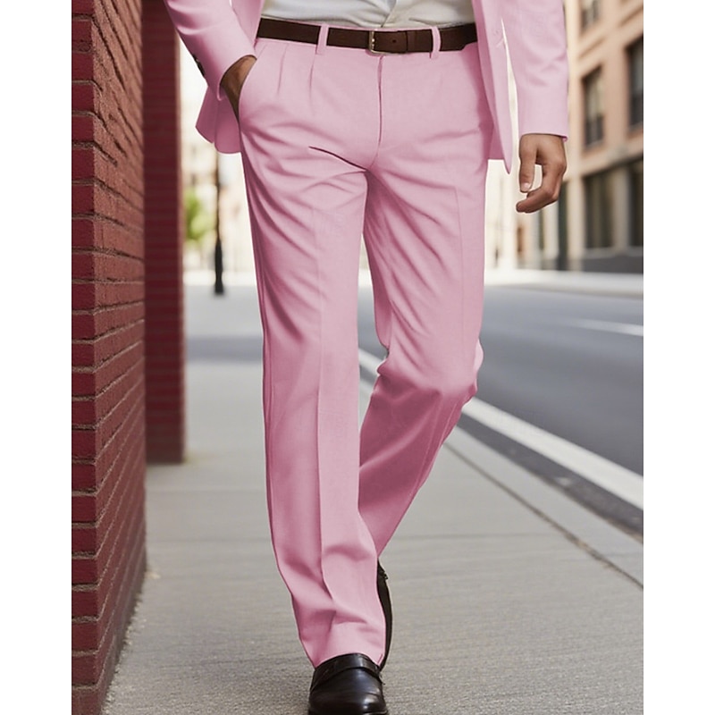 Men's Dress Pants Trousers Slacks Pocket Buttons Plain Comfort Formal Party Work Fashion Classic Style Coral Pink Yellow Micro-elastic