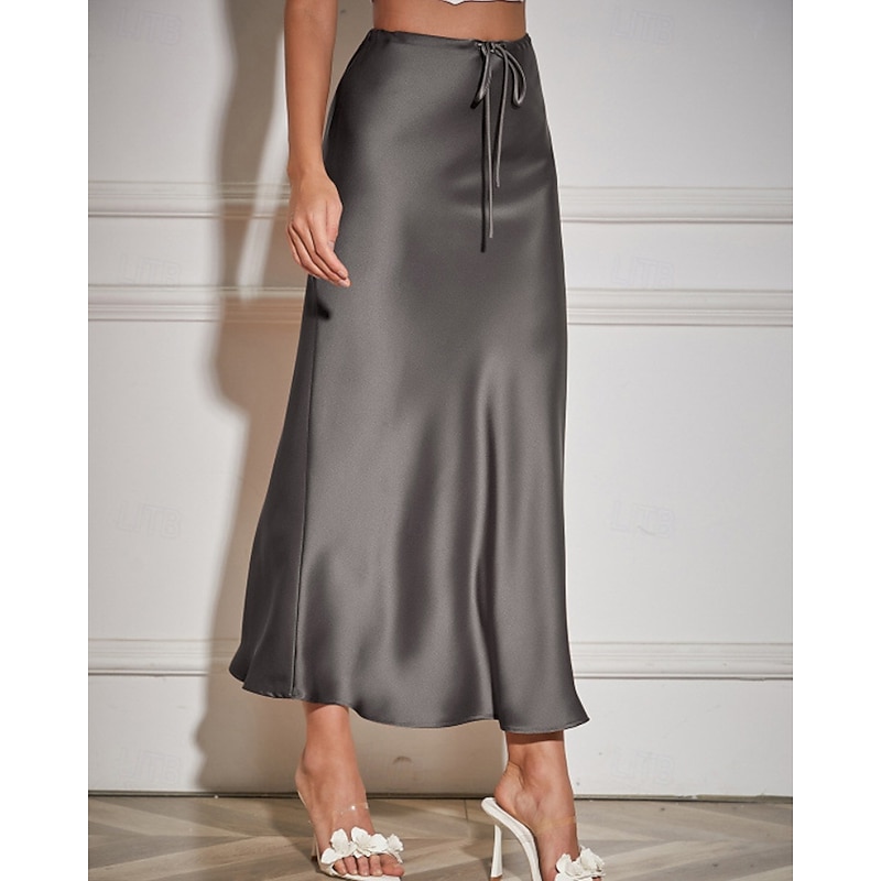 Women's Skirt Casual Maxi Mid Rise Skirts Plain Drawstring Micro-elastic Vacation Street Wine Navy Black Army Green Fall Polyester