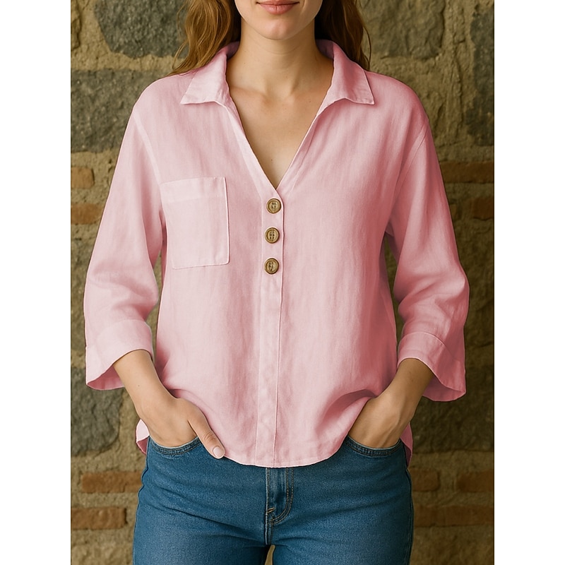Women's Cotton Linen Shirts Plain Basic Modern 3/4 Length Sleeve Shirt Collar Regular Tops Daily Pocket Buttons White Yellow Pink Sky Blue Summer Spring Fall4