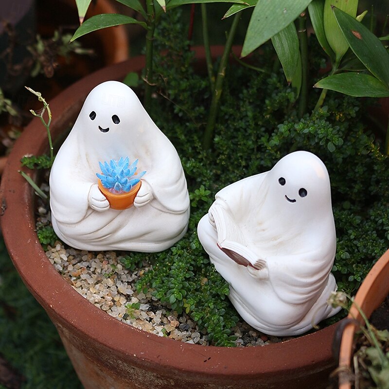 2PCS Halloween Resin Reading Cute Ghost Decoration Figurines Set, Creative Spooky Cute Ghost Decoration Decor for Outdoor Yard and Indoor Home Display
