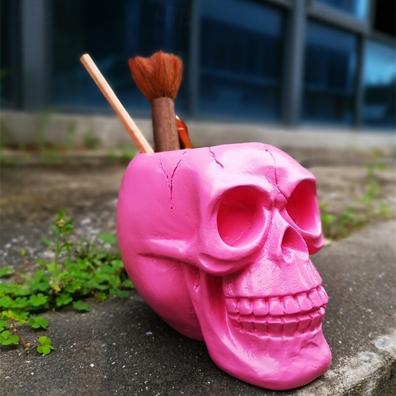 Halloween Resin Figurine Skull Storage Organizer Makeup Brush Holder Resin Sculpture Unique Cultural Desk Pen Holder Home Office Stationery Container
