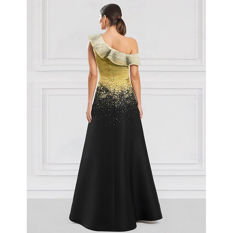 Black and Gold Ombre Jacquard A-Line Evening Gown Elegant Dress Formal Wedding Floor Length Sleeveless Off Shoulder with Ruffles2
