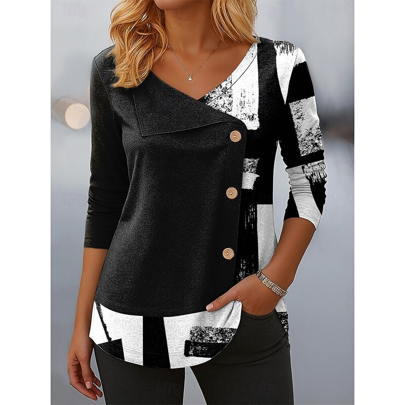 Women's Blouse Tunic V Neck Long Sleeve Buttons Graphic Geometric Stylish Modern Casual Regular Tops Daily Patchwork Print Black Pink Red Blue Spring Fall Winter3