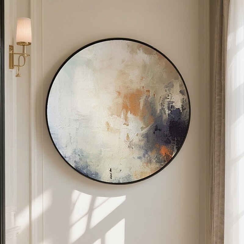 Handmade Circular Abstract Oil Painting Bold Impasto Brushstrokes Textured Surface Earthy Ochre Amber Haze Midnight Blue Accents Modern Gallery Canvas Black Floating Frame Artistic Tension Minimalist3