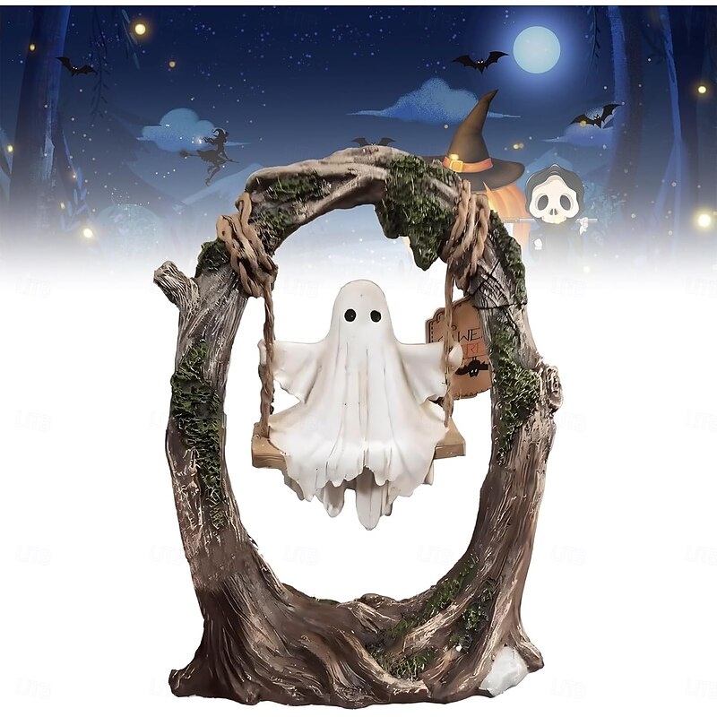 Halloween Swing Figurine Swinging Shadows Cute Ghost Decoration on A Tree Swing Funny Resin Cute Ghost Decoration Ornament for Desktop, Bookshelf, Garden & Patio Decoration3
