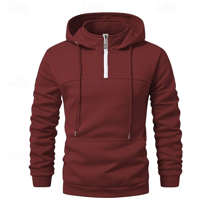Men's Hoodie Quarter Zip Hoodie Apricot Black Wine Navy Blue Dark Green Hooded Plain Drawstring Quarter Zip Sports & Outdoor Daily Holiday Polyester Streetwear Basic Casual Spring Fall Clothing - Main Image