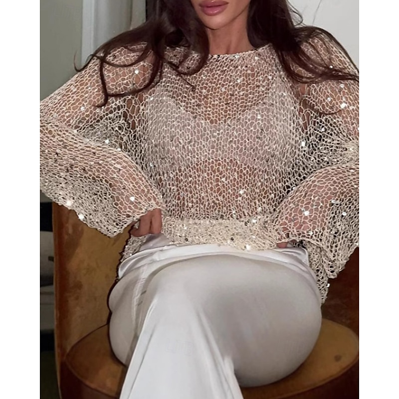 Women's Sequin Sparkly Party Glitter Plain Stylish Long Sleeve Crew Neck Regular Tops Party Outfits Cocktail Attire Sequins Champagne Summer - Main Image