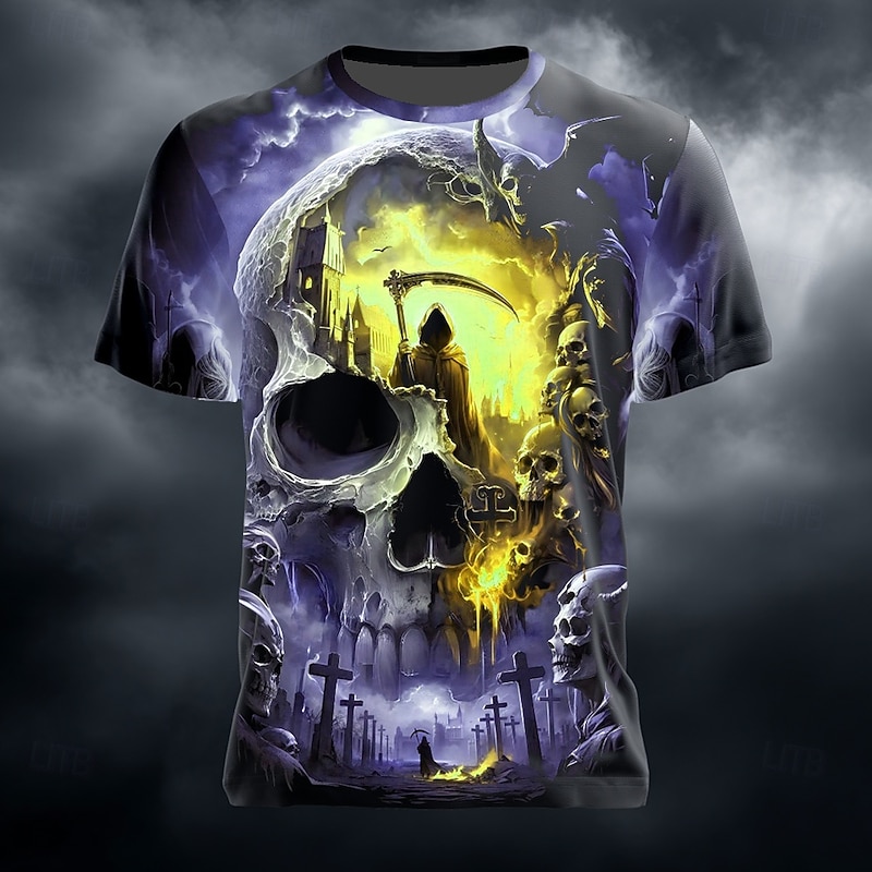 Halloween Day of the Dead Skull Men's Skull 3D T Shirt Short Sleeve T shirt 3D Print Crew Neck Shirt Fashion Exaggerated Daily Party Street Casual Blue Purple Green Summer Spring Clothing Apparel4