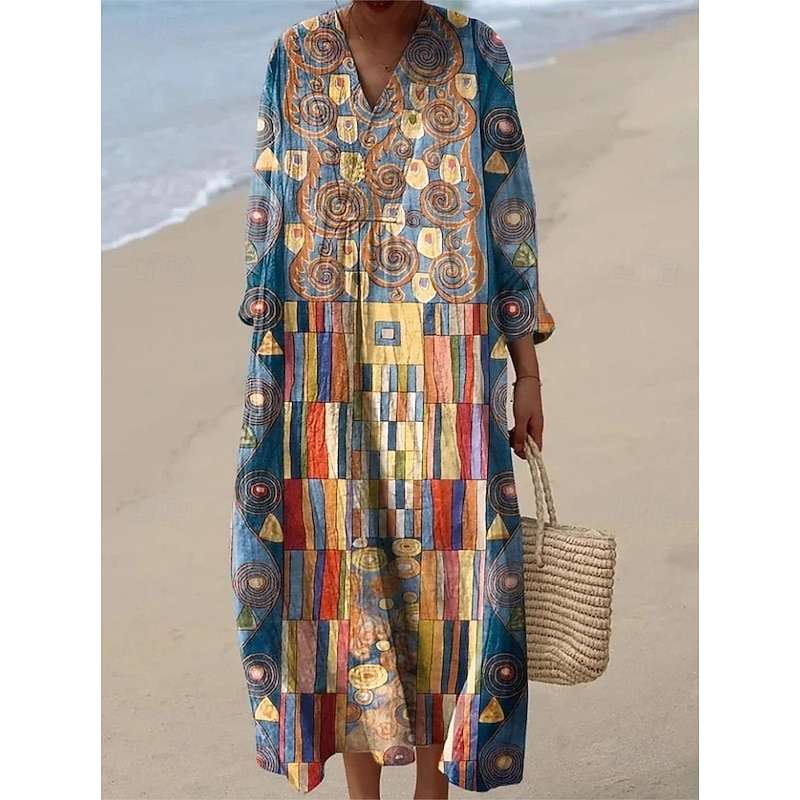 Women's Midi Dress V Neck Long Sleeve Kaftan Lightweight Loose Fit A Line Dress Casual Boho Going out Graphic Geometric Stripe Long Sleeve V Neck Black Yellow Pink Red Fall