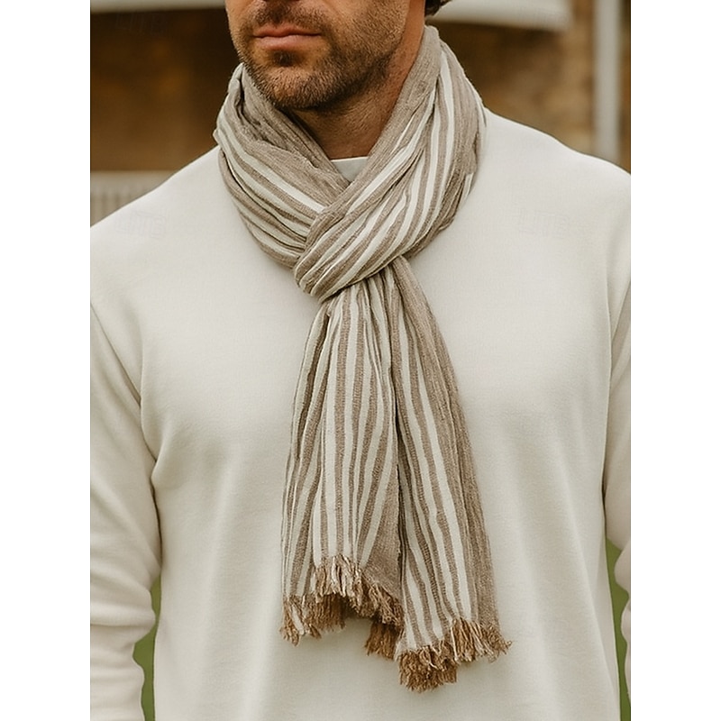 Men's Striped Cotton Scarf – Lightweight Soft Fringed Wrap for Fall & Winter, Casual Vintage Style Shawl for Travel, Daily Wear & Outdoor Activities