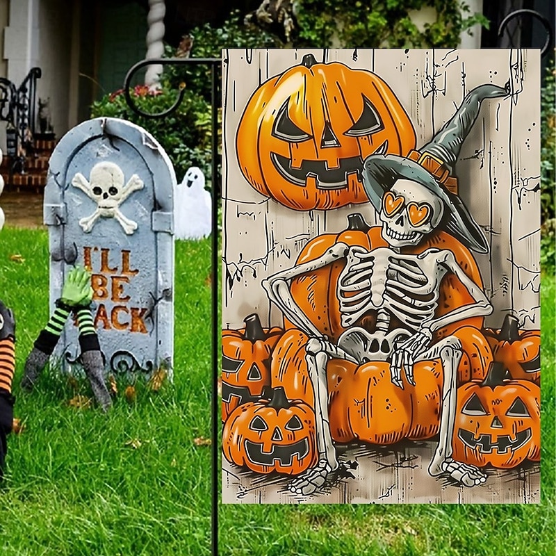Halloween Garden Flag Banner – Skeletal Sitting with Pumpkins Summerween Scene, Double-Sided Weather-Resistant Yard Flag for 2025 Halloween Holiday Outdoor Lawn, Porch Decoration2
