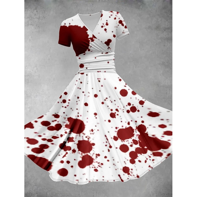 Halloween Women's Bloodstain Print Midi Dress A Line Dress Summer Dress Fit And Flare Dress Party Casual Daily Holiday Regular Fit Graphic Abstract Short Sleeve V Neck White Red Gray Summer