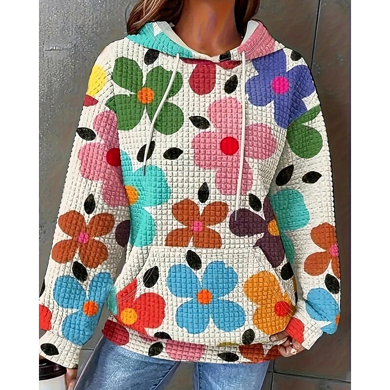 Women's Pullover Hoodie Sweatshirt Floral Streetwear Casual Comfy Long Sleeve Hooded Regular Tops Street Holiday Going out Pocket Print White Blue Purple Fall