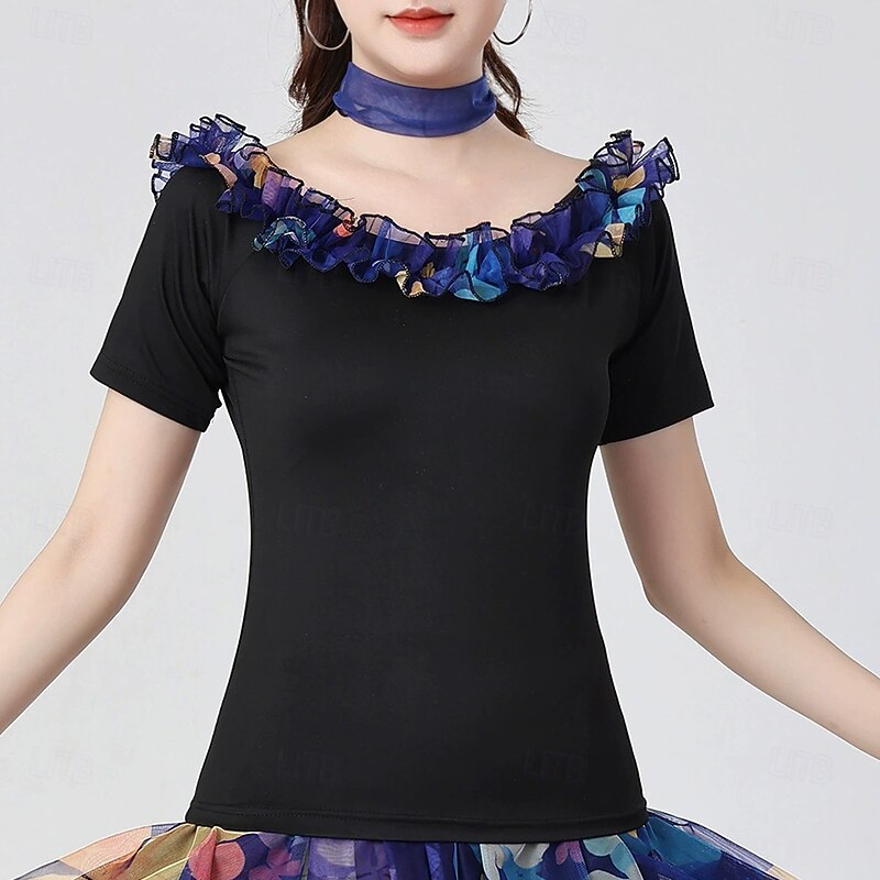 Latin Dance Top Printing Pure Color Splicing Women's Performance Training Short Sleeve High Polyester2