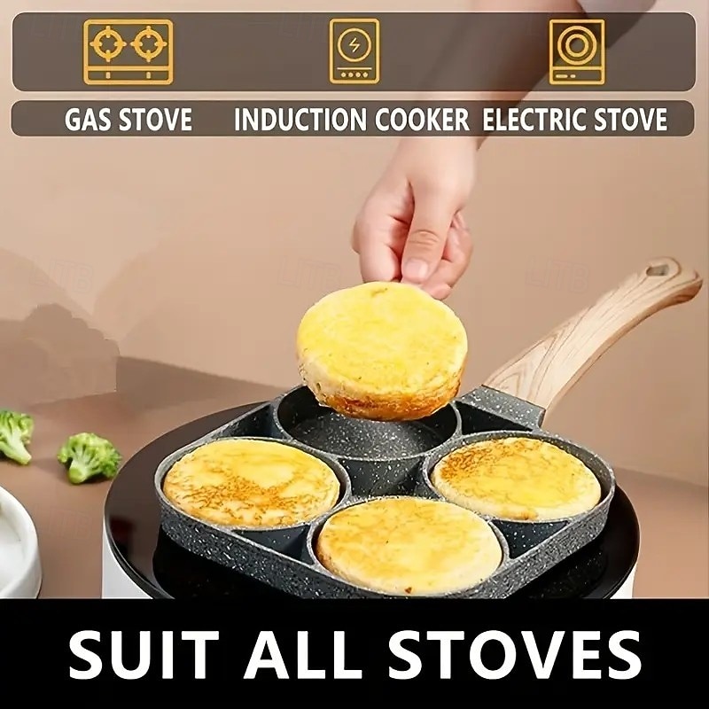 Non-stick Egg Frying Pan, 4 Holes Skillet With Handle, Multifunctional, Wooden Handle Medical Stone Omelet Non-stick Cookware frying pan3