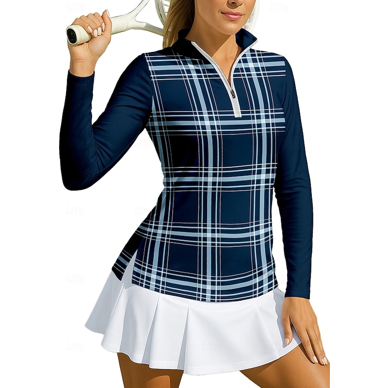 Women's Plaid Checkered Tops Sport Shirt Golf Polo Shirt Tennis Shirt Long Sleeve Zipper Floral UPF50+ UV Resistant High Elasticity Moisture Wicking Breathable Tennis Golf Pickleball Stand Collar Zip