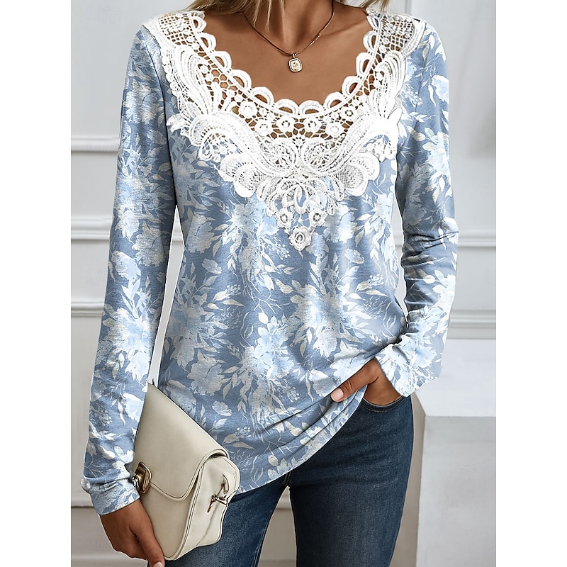 Easter Women's Blouse Tunic Lace Splicing V Neck Long Sleeve Floral Graphic Plants Elegant Round Neck Regular Tops Daily Going out Weekend Lace Patchwork Print White Yellow Pink Blue Spring Fall3