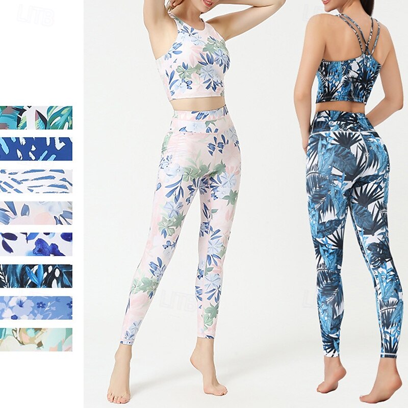 Women's 2 Pieces Activewear Set Sports Bras Seamless Leggings Printing Clothing Suit White Pink Gym Athletic Pilates High Waist Non See Through Tummy Control Sleeveless Sport Activewear Tight Fit