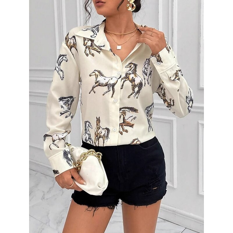 Women's Shirt Animal Stylish Modern Long Sleeve Shirt Collar Regular Tops Daily Holiday Buttons Print White Summer3