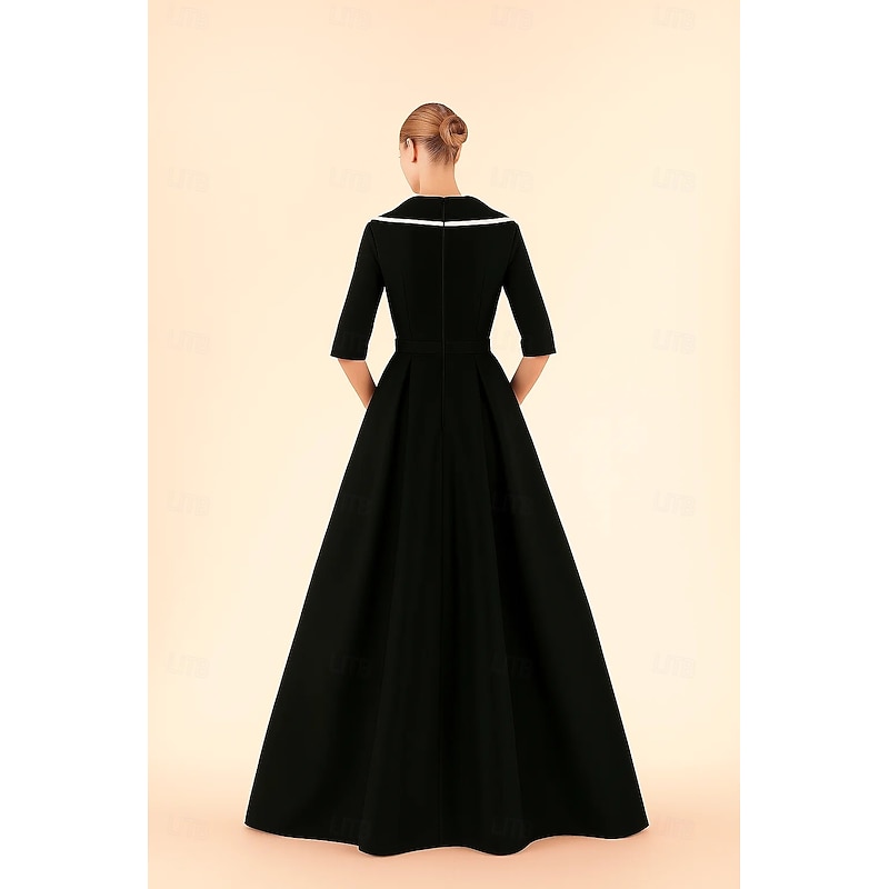 Black and White A-Line Mother of the Bride Dress Elegant Formal Dress Simple Minimalist V Neck Lapel Floor Length Twill Satin 3/4 Length Sleeve with Belt3