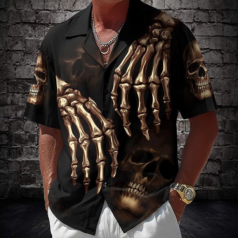 Men's Skull Skeleton Death Shirt Cuban Collar Shirt Button Up Shirt Short Sleeve Dark Gothic Style Holiday Streetwear Summer Camp Collar Shirt 3D Print Black 1 Black2
