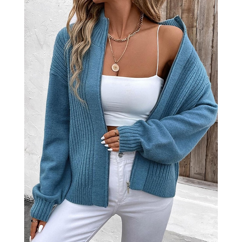 Women's Sweater Cardigan Fashion Streetwear Daily Solid Color Ribbed Stand Collar Zipper Knitted Long Sleeve Regular Tops Knit Holiday Going out Weekend Blue Fall Winter