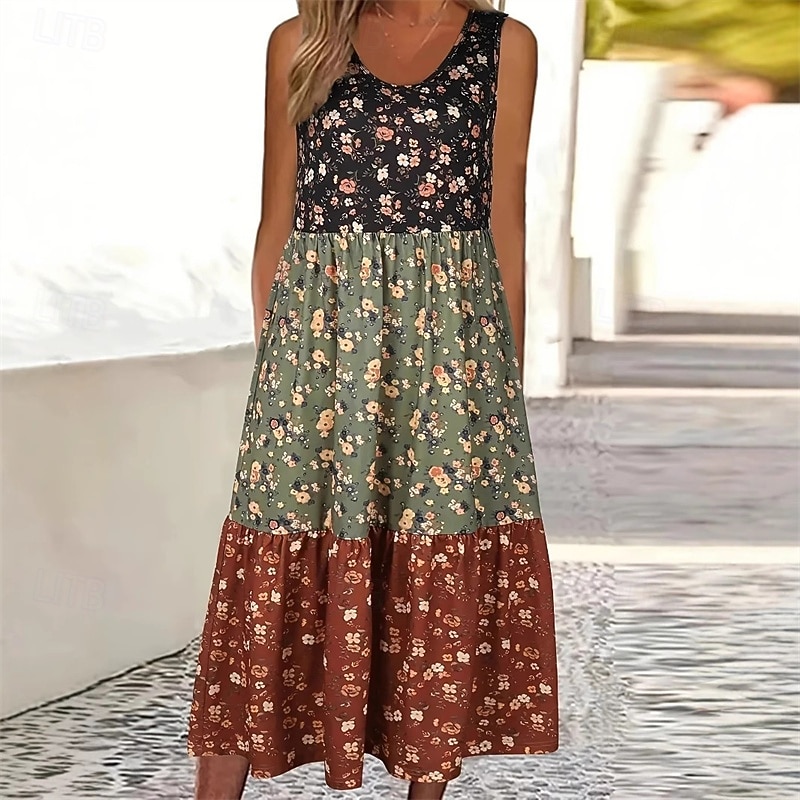 Women's Midi Dress Casual Dress Summer Dress Fashion Modern Daily Beach Weekend Regular Fit Color Block Flower Sleeveless Crew Neck Blue Green Spring Fall