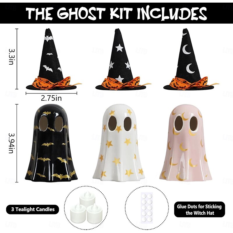 Halloween Ghost Figurine, Resin Small Ghost Figurines with Light, Light Up Ghosts with Witch Hats, Cute Ghost Statue for Spooky Halloween Decor for Indoor Party Tabletop Home Shelf Decoration2