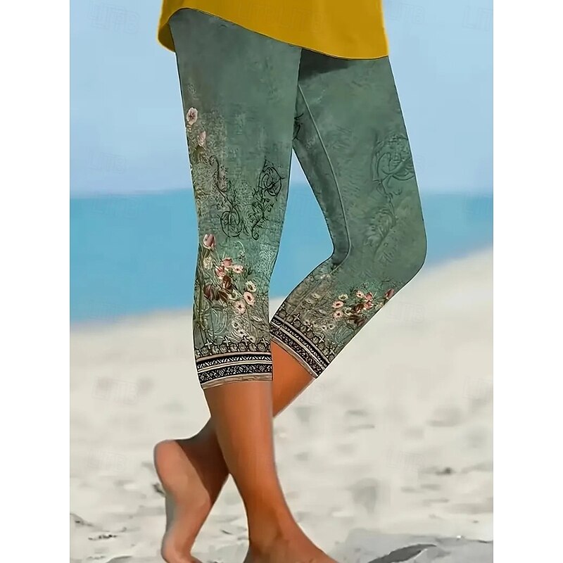 Women's Leggings Vacation Vintage Ethnic Style Calf-Length High Waist Floral Graphic Quick Dry Soft Comfortable Stretchy Outdoor Vacation Causal Green Summer Spring Slim Fit