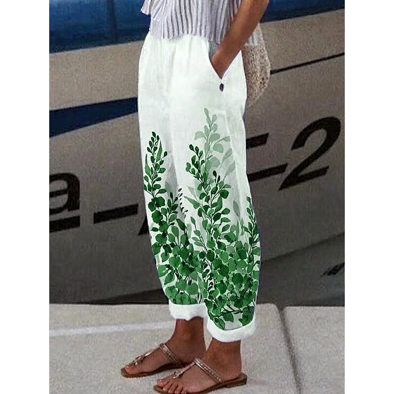 Women's Chinos Vacation Vintage Ethnic Style Ankle-Length High Waist Floral Graphic Leaf Pocket Soft Outdoor Breathable Inelastic Vacation Street Causal White-Blue Purple Green Khaki Summer Spring2