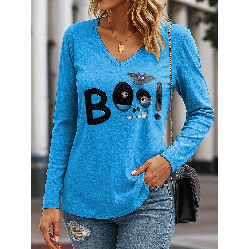 Halloween Women's T shirt Long Sleeve V Neck Long Sleeve Tunic Graphic Letter Halloween Elegant Vintage Stylish Regular Tops Daily Going out Weekend Print Blue Purple Orange Green Spring Fall Prefall3