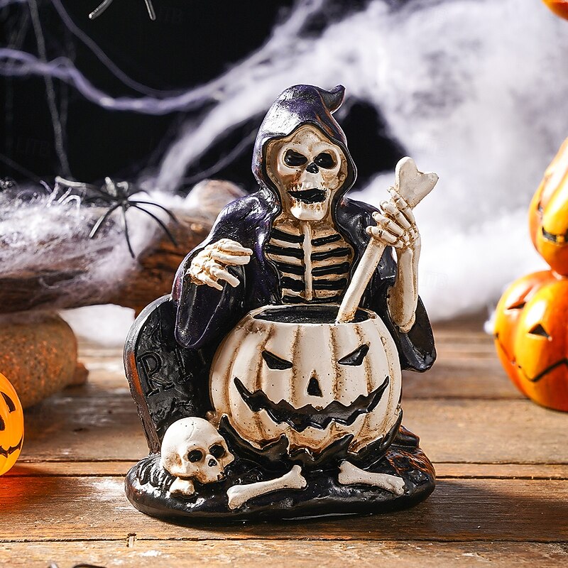 Halloween Skeleton Decor Resin Statue, Vintage Spooky Skeleton Brewing Potion Figurine, Funny Tabletop Decoration for Halloween Party, Haunted House, Home Desktop Display3