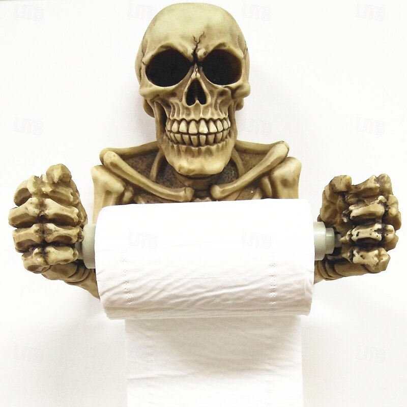 Halloween Skull Toilet Paper Holder Wall Mounted Vintage Style Skeleton Hand Paper Towel Rack Gothic Bathroom Tissue Dispenser Spooky Home Decor Unique Stretchable Rod