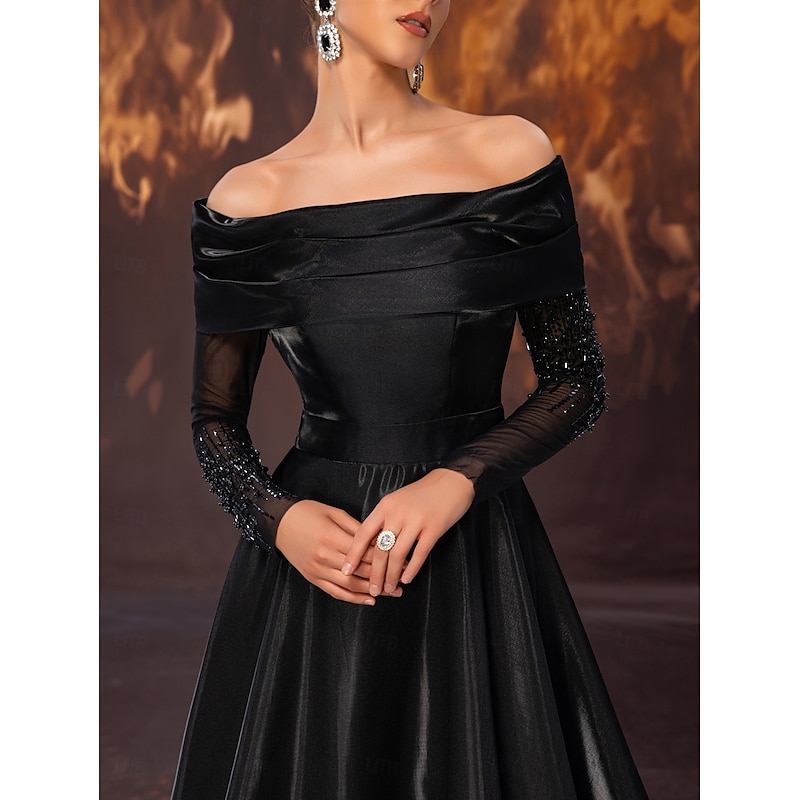 Black Gown A-Line Evening Gown Elegant Dress Formal Wedding Floor Length Sleeveless Off Shoulder Stretch Satin with Pleats Beading Lace Sleeve3