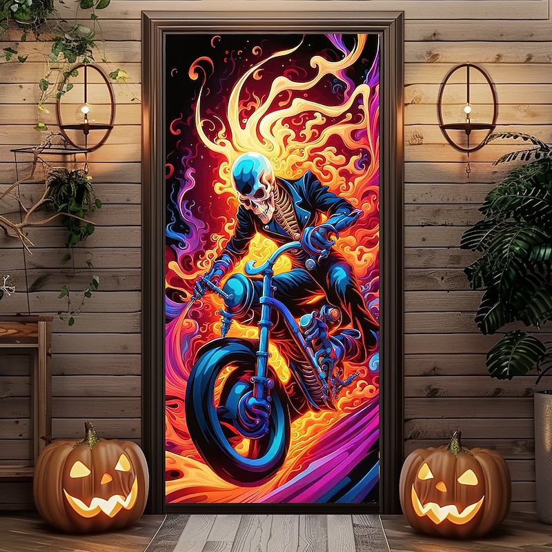 Halloween Door Cover Outdoor Banners Skeleton Motorcycle 3D Dark Punk Gothic Style Party Outdoor Shooting Backgrounds Front Door Wall Porch Home Decor