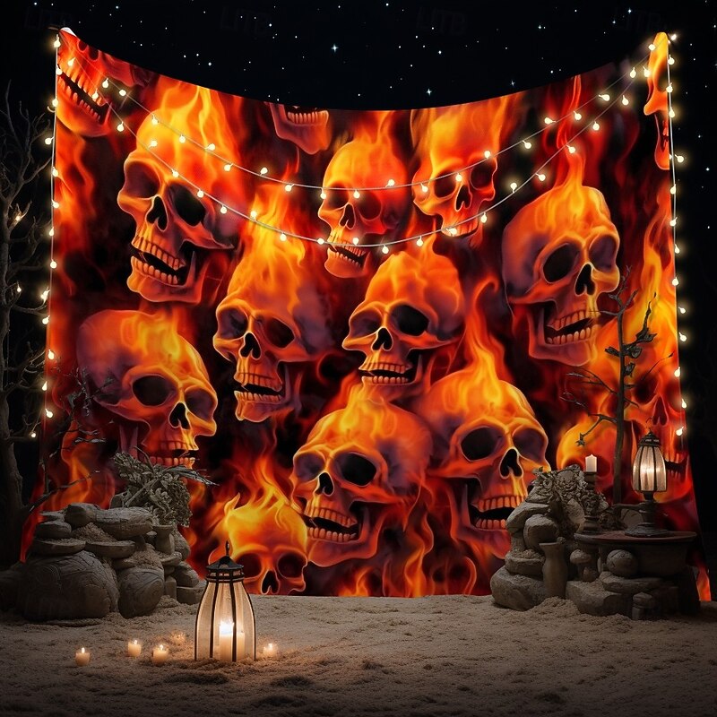 Halloween Flaming Skull Tapestry – Fiery Skeleton Heads Wall Art Backdrop, Scary Gothic Horror Large Hanging Mural Blanket Curtain for Bedroom Living Room  2025 Halloween Home Decoration4