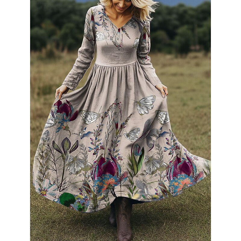 Women's Maxi Dress A Line Dress Vacation Casual Boho Beach Regular Fit Floral Graphic Butterfly Long Sleeve V Neck Pink Purple Beige Spring Fall2