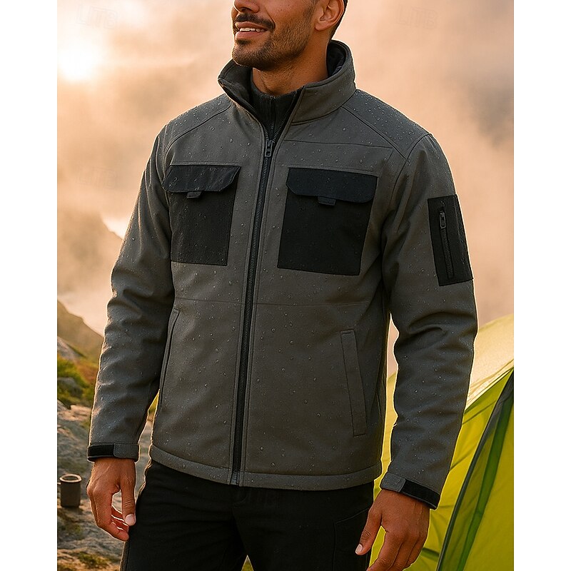 Men's Windbreaker Softshell Jacket Winter Outdoor Patchwork Thermal Warm Waterproof Windproof Top Black Green Khaki Grey