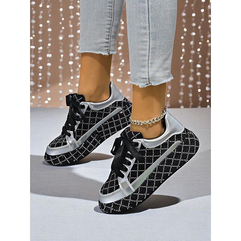 Women's Rhinestone Quilted Sneakers - Black and Silver Lace-Up Party Shoes for Nightlife, Clubbing and Trendy Streetwear2